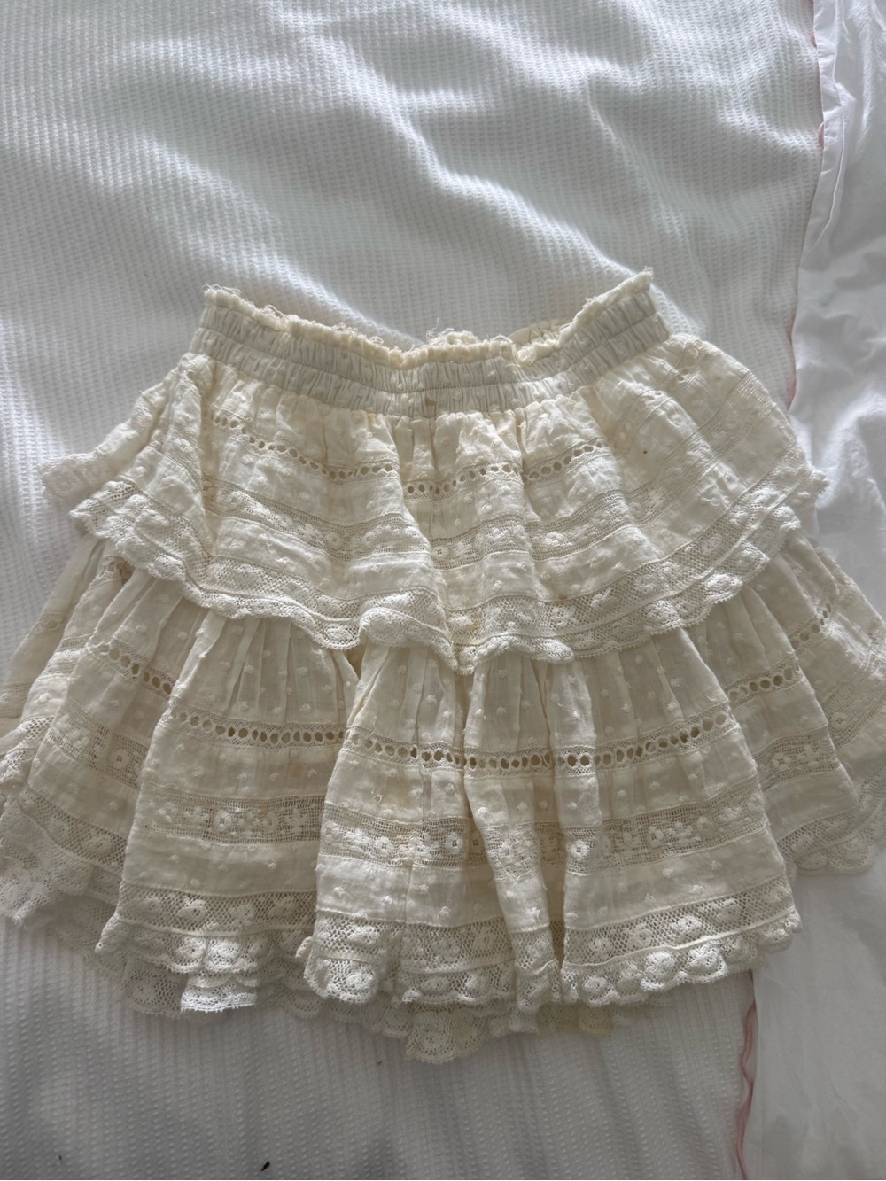 LoveShackFancy Cream Tiered Eyelet Lace Skirt